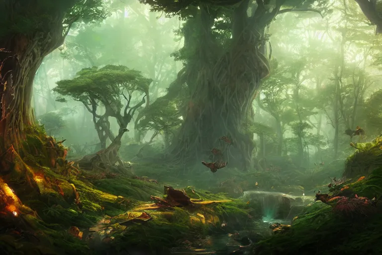 Prompt: a heavenly forest land inhabited by fae creatures, ray - tracing, mesmerizing, volumetric lighting, fantastical, concept art, highly detailed, cinematic, smooth, artstation, trending, feng zhu, shaddy safadi, noah bradley, tyler edlin, jordan grimmer, darek zabrocki, neil blevins, tuomas korpi