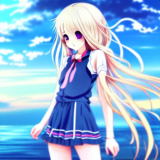 Image similar to a very beautiful anime cute girl, full body, long wavy blond hair, sky blue eyes, full round face, short smile, fancy top, miniskirt, front view, summer lake setting, storm weather, cinematic lightning, medium shot, mid-shot, highly detailed, cinematic wallpaper by Stanley Artgerm Lau