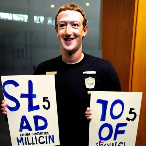 Image similar to Mark Zuckerberg police mug shot holding up a placard with a number on it