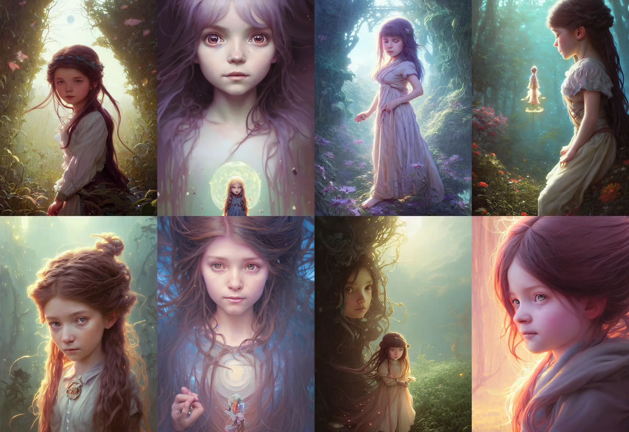 Image similar to highly detailed portrait of a little girl with long hairs, stephen bliss, unreal engine, fantasy art by greg rutkowski, loish, rhads, ferdinand knab, makoto shinkai and lois van baarle, ilya kuvshinov, rossdraws, tom bagshaw, alphonse mucha, global illumination, radiant light, detailed and intricate environment