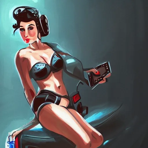 Prompt: playing a videogame, pin up, front view, digital art, digital painting, photoshop, dark lighting, couch