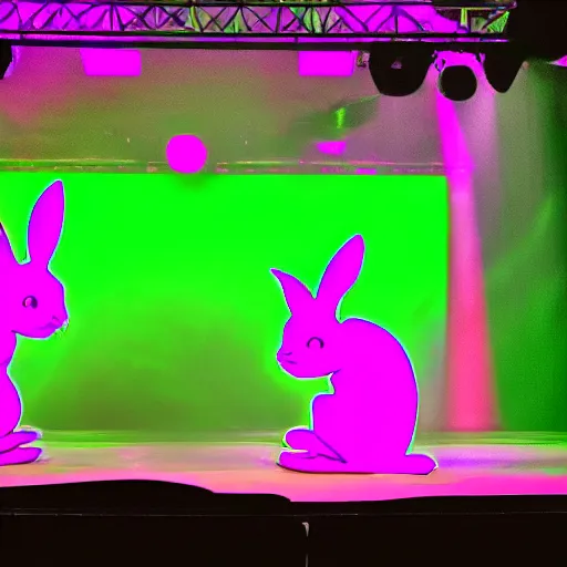 Image similar to two rabbits laying music on a stage with green and pink stage lights