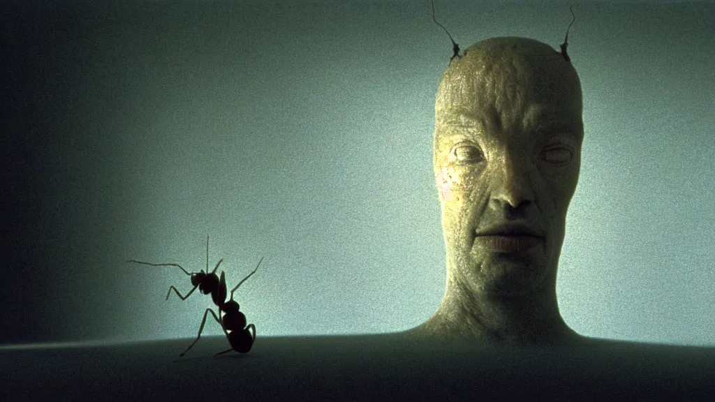 Image similar to the giant head of an ant in the living room, film still from the movie directed by Denis Villeneuve with art direction by Zdzisław Beksiński, wide lens