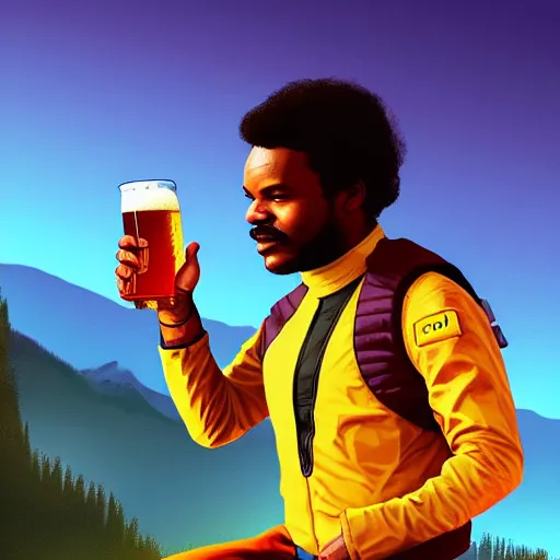 Prompt: Lando Norris at the top of a mountain, scenic view, holding a beer!!, digital art, gta 5 cover art, trending on artstation