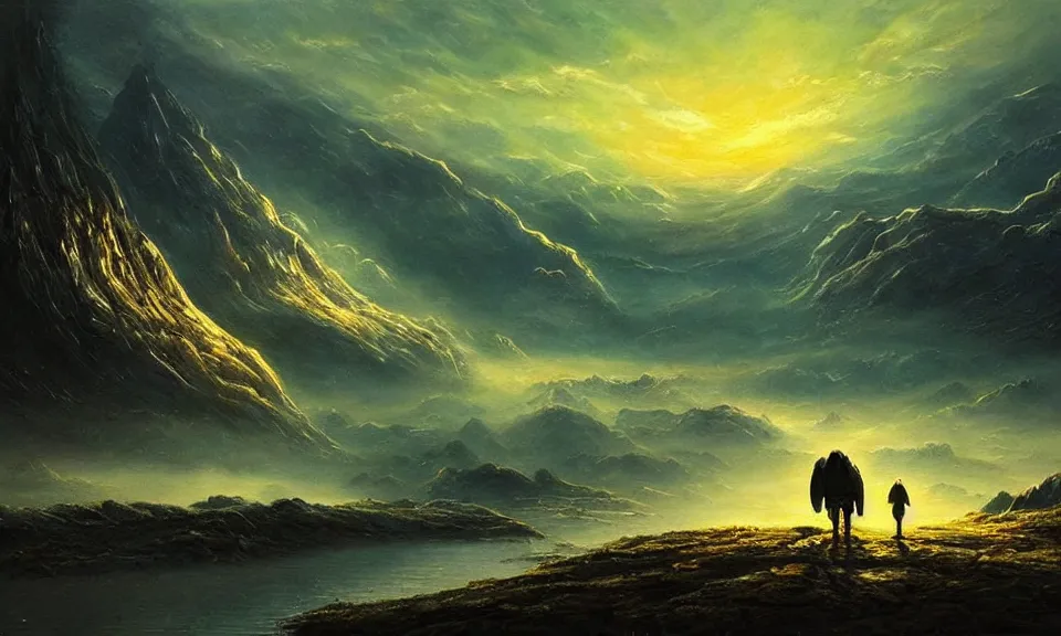 Image similar to the most beautiful landscape, oil painting, alien breathtaking landscape, cinematic lighting, highly detailed, very realistic