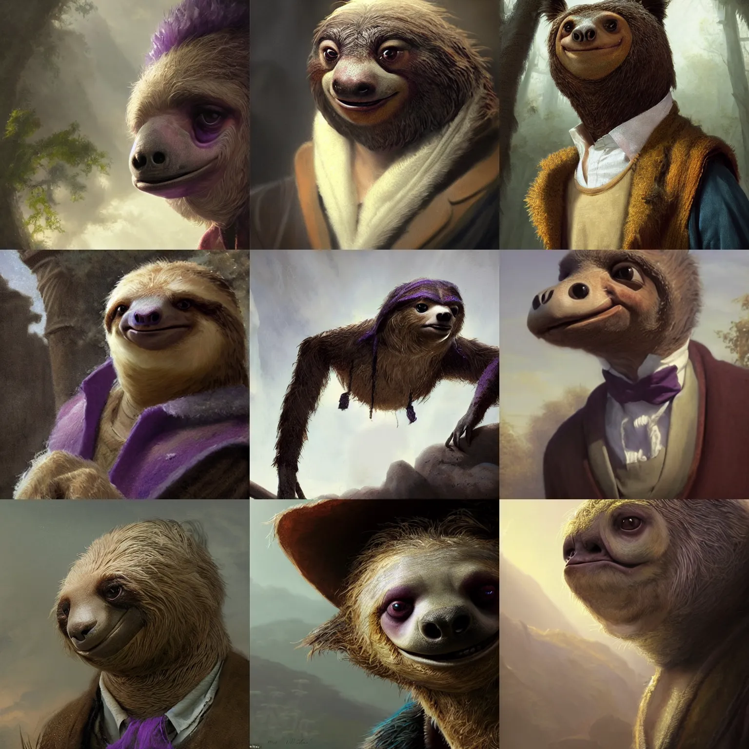 Prompt: a beautiful close - up shot from a fantasy film of an anthropomorphic sloth with purple eyes wearing sweater - vest. joseph ducreux, greg rutkowski.