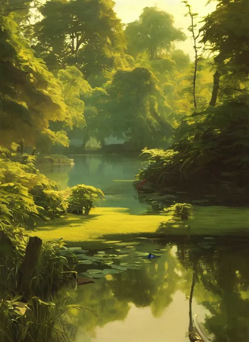 Prompt: a secluded pond in a verdant wetland, extremely detailed oil painting, rhads, sargent and leyendecker, savrasov levitan polenov, bruce pennington, studio ghibli, tim hildebrandt, digital art, landscape painting, trending on artstation, masterpiece