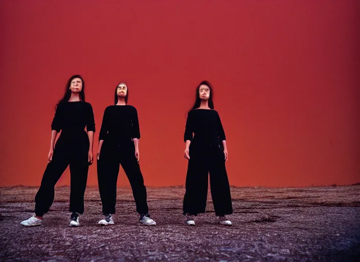 Image similar to cinestill 5 0 d closeup photographic portrait of two clones in front of a brutalist metal building, techwear women, on a desolate plain, red sky, black oversized clothes, depth of field, 4 k, 8 k, hd, full color