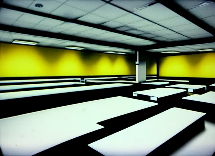 Prompt: polaroid photograph of a large white empty breakroom, retrofuturist liminal space, hundreds of chairs and tables, crt tv mounted, massive black pits in ceiling, familiar place, clean, black mold, yellow light, amateur, unreal engine, photorealistic, trending on artstation