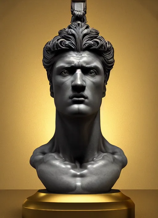 Prompt: stylized gold and black ornate statue bust made of marble of hercules, perfect symmetrical body, perfect symmetrical face, hyper realistic, hyper detailed, by johannen voss, by michelangelo, octane render, blender, 8 k