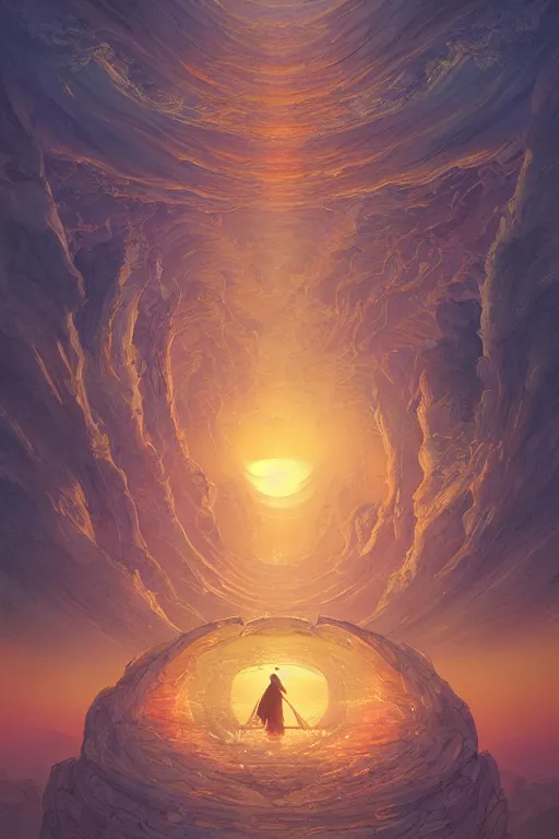 Prompt: the portal to heaven by hiroshi yoshida and moebius and loish and artgerm, painterly, symmetrical, ultra detailed, hyper realistic, illustration, sunset lighting