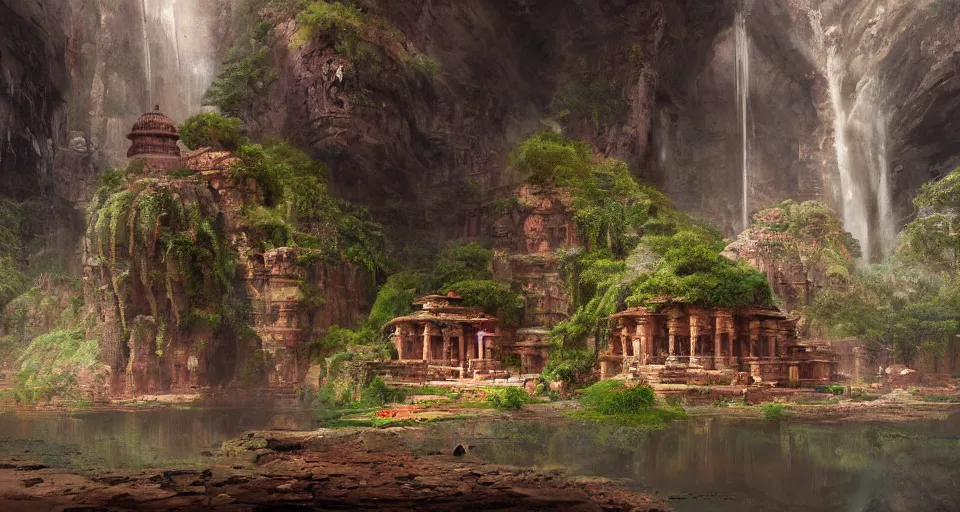 Image similar to indian ancient temple hidden looks like a lotus in a cave waterfalls around, realistic concept art, eytan zana, one pixel brush, by eugene von guerard, ivan shishkin, dramatic lighting, concept art, trending on artstation