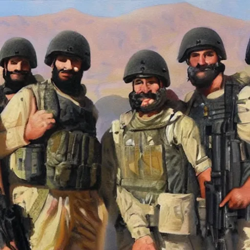 Prompt: A painting of Barney posing with ISIS soldiers in syria, detailed