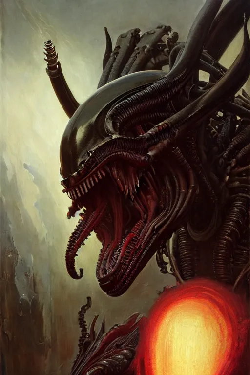 Image similar to a portrait of xenomorph king with glow eyes, high detail, realistic by gaston bussiere, bayard wu, greg rutkowski, giger, maxim verehin, greg rutkowski, masterpiece, sharp focus, cinematic lightning