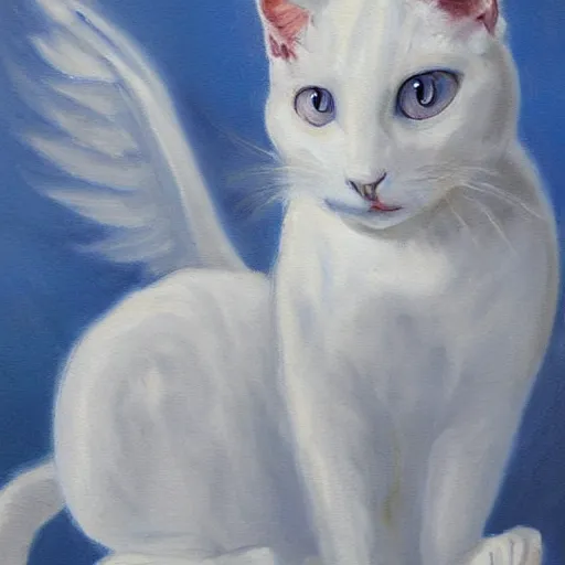 Image similar to a painting of a white cat with angel wings, a fine art painting by hanns katz, trending on deviantart, angelic photograph, majestic