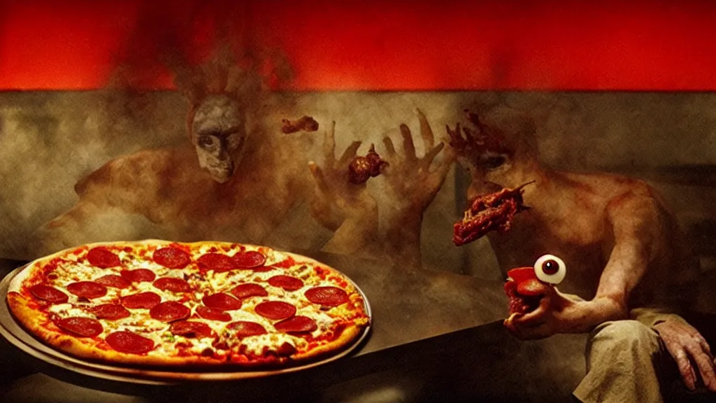 Prompt: the strange pizza creature at the fast food restaurant, film still from the movie directed by denis villeneuve and david cronenberg with art direction by salvador dali and zdzisław beksinski,