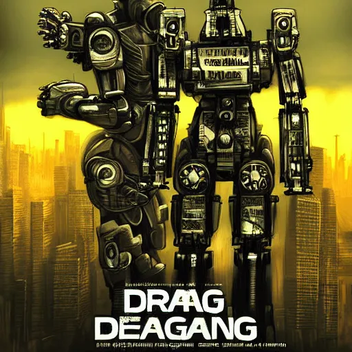 Image similar to beautiful detailed movie poster photograph, urban gang of drug dealing robot mecha dinosaurs, cyberpunk, city, crime, dystopian, graffiti, cgi, dark