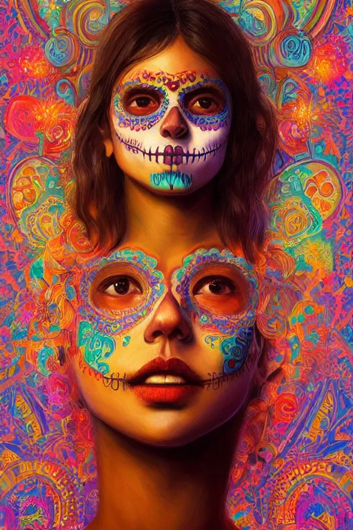 Prompt: portrait of mexican girl girl with colorful day of the dead patterns, staring directly into camera, intricate, elegant, glowing lights, highly detailed, digital painting, artstation, sharp focus, illustration, art by wlop, mars ravelo and greg rutkowski