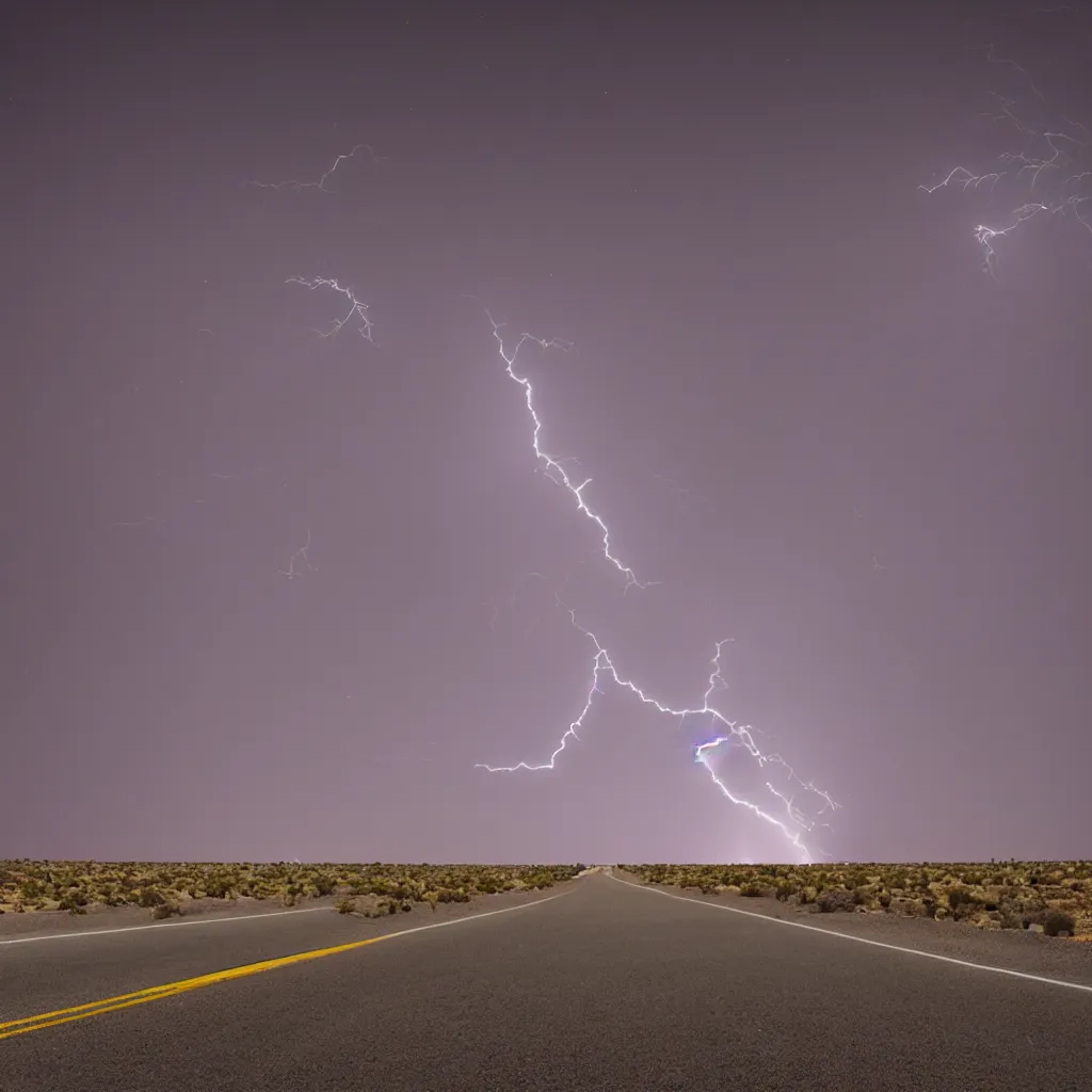 Prompt: road at night desert distant flash of lightning cinematic still
