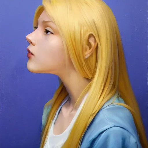 Image similar to greg manchess portrait of a beautiful teen girl with blonde hair, wearing a blue hoodie, medium shot, asymmetrical, swedish, sticker, profile picture, organic painting, matte painting, bold shapes, hard edges, street art, trending on artstation, by huang guangjian and gil elvgren and sachin teng and wlop and rossdraws and greg rutkowski