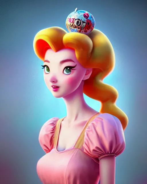 Prompt: an epic comic book style full body portrait painting of feminine princess peach bubble head, elegant, character design by Mark Ryden and Pixar and Hayao Miyazaki, unreal 5, DAZ, hyperrealistic, octane render, cosplay, RPG portrait, dynamic lighting, intricate detail, summer vibrancy, cinematic