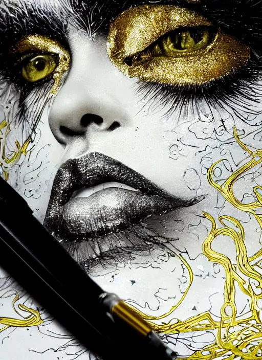 Image similar to glowing silver and golden elements, full close-up portrait, crow portrait from shutterstock, book cover, green forest, white moon, red lips, establishing shot, extremly high detail, photo-realistic, cinematic lighting, pen and ink, intricate line drawings, by Yoshitaka Amano, Ruan Jia, Kentaro Miura, Artgerm, post processed, concept art, artstation, matte painting, style by eddie mendoza, raphael lacoste, alex ross