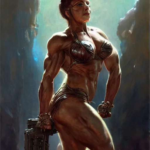 Image similar to : handsome portrait of a amazonian woman bodybuilder posing, radiant light, caustics, war hero, metal gear solid, by gaston bussiere, bayard wu, greg rutkowski, giger, maxim verehin