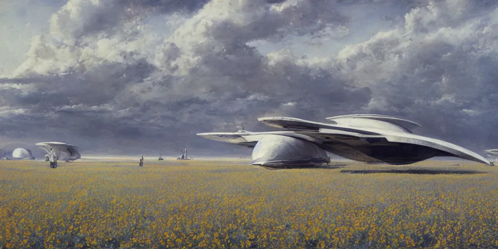 Image similar to Fernand Khnopff super technologies white giant spaceship starship battlestar airship superstructure deck, landed laying in center on tansy wormwood field, mountains afar by Fernand Khnopff by john berkey, oil painting, concept art, interstellar movie