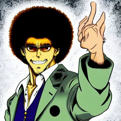 Image similar to Bob Ross in jojo bizarre adventure, anime, Araki style