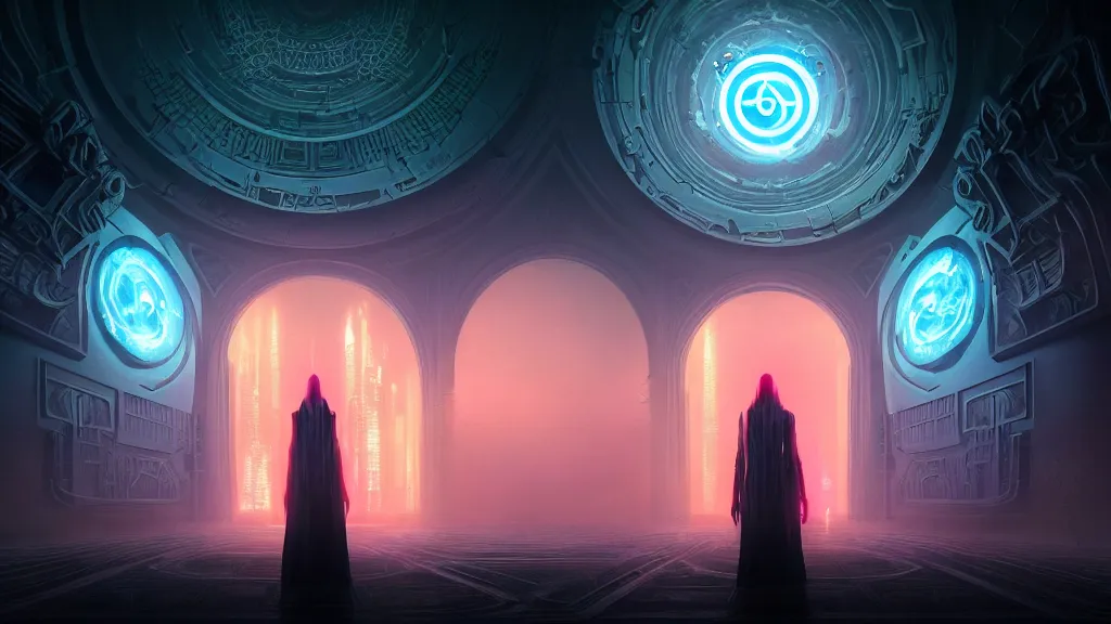 Image similar to portal to the ethereal realm, centered symmetrical composition, intricate concept art, ethereal, ominous, mysterious, enchanted, magic, misty, amazing depth, dramatic lighting, illuminated lines, outrun, vaporware, illuminated runes, cyberpunk darksynth, dark background, 8 k, octane render, by james paick and stephan martiniere and alphonse mucha