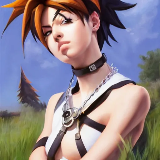 Image similar to oil painting of tracer overwatch in a field wearing spiked collar around neck, in style of artgerm, expressive face, wearing choker, steel collar, steel choker, wearing collar on neck, detailed face, detailed eyes, full body, feminine face, tracer overwatch,