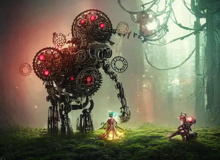 Image similar to intricate mechanical fairy with visible gears having tea with a cyborg demon in a magical forest, having tea with a giant minotaur. Very detailed 8k. Fantasy cyberpunk horror. Sharp. Cinematic post-processing