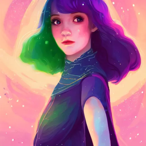 Prompt: a naive changeling wearing a starry cloak, aurora colored hair, starry eyes, inquisitive expression, happy expression, character art, tarot, full body art, trending on artstation, artgerm, 4k ultra hd, sharp focus, digital art by Ilya Kuvshinov and Ross Tran