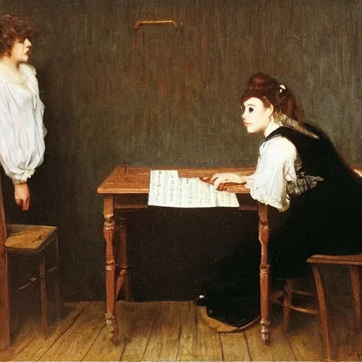 Image similar to a young man and a young woman solving an escape room puzzle, mysterious markings on the wall, by alfred stevens