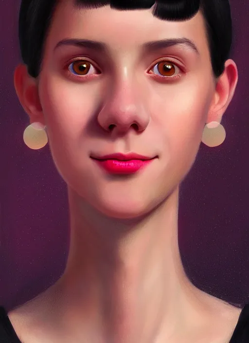 Image similar to portrait of high school girl, realistic, black hair, bangs, half updo hairstyle, pointy nose, skinny, smile, ugly, defined jawline, big chin, pink hair bow, earrings, intricate, elegant, glowing lights, highly detailed, digital painting, artstation, sharp focus, illustration, art by wlop, mars ravelo and greg rutkowski