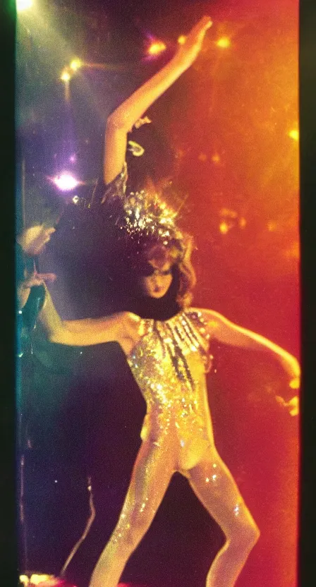 Image similar to the Antichrist dancing at Studio 54, disco, saturated color, high contrast, strobe lights, sparkles, depth of field, 1976, bad vhs