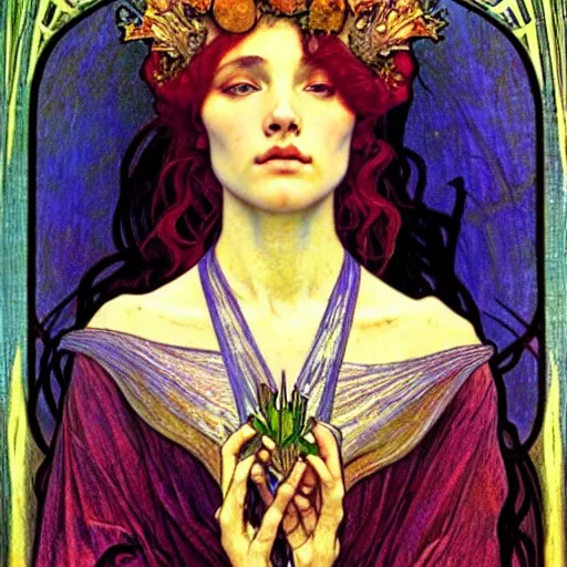 Image similar to detailed realistic beautiful young medieval queen face portrait by jean delville, alphonse mucha, vincent van gogh, and marco mazzoni, art nouveau, symbolist, visionary, gothic, pre - raphaelite