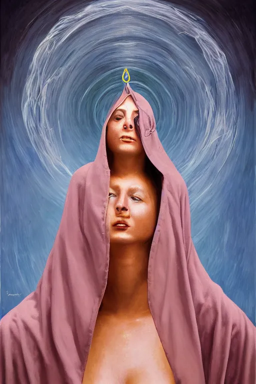 Prompt: transcendental meditation hooded robed cult woman, opening third eye, chakra energy waves resonating from her body, ethereal aura, epic surrealism 8k oil painting, portrait, perspective, high definition, post modernist layering, by Peter Kemp