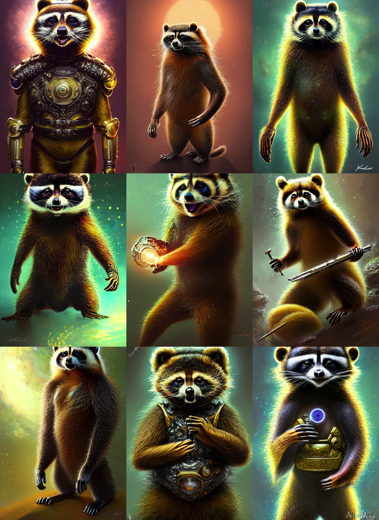 Prompt: a anthropomorphic tanuki wearing ultra detailed bright scifi armor with light, diffuse lighting, fantasy, intricate, elegant, highly detailed, lifelike, photorealistic, digital painting, artstation, illustration, concept art, smooth, sharp focus, art by john collier and albert aublet and krenz cushart and artem demura and alphonse mucha