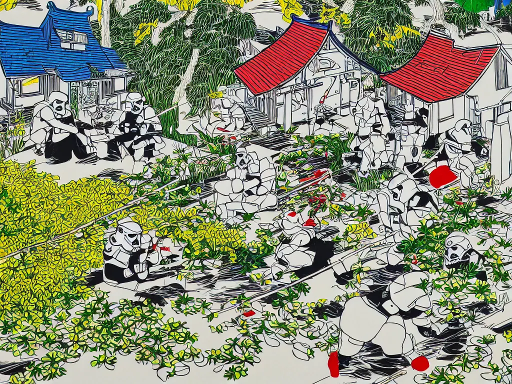 Image similar to detailed close - up image of the japanese home with a garden and a pond, 2 stormtroopers sitting around it, pop - art style, jacky tsai style, andy warhol style, roy lichtenstein style, rich palette, acrylic on canvas