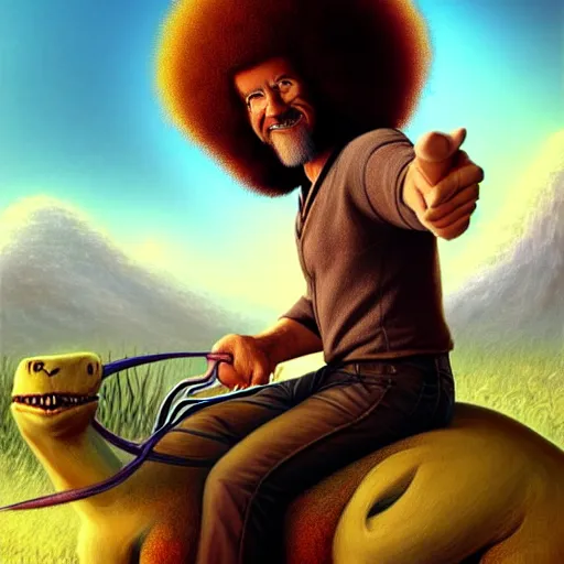 Image similar to bob ross!!! riding!!! a dinosaur!!, giant afro!, model pose, ultra realistic, concept art, intricate details, highly detailed, photorealistic, octane render, 8 k, unreal engine. art by artgerm and greg rutkowski and alphonse mucha