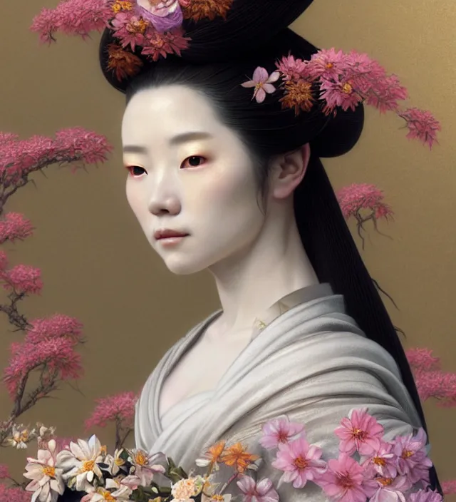 Image similar to baroque portrait of a geisha woman of porceline skin half emerged from river made of thousand of flowers, cinematic lighting, photorealistic, octane render, 8 k, depth of field, art by artgerm and greg rutkowski and alphonse mucha and uang guangjian