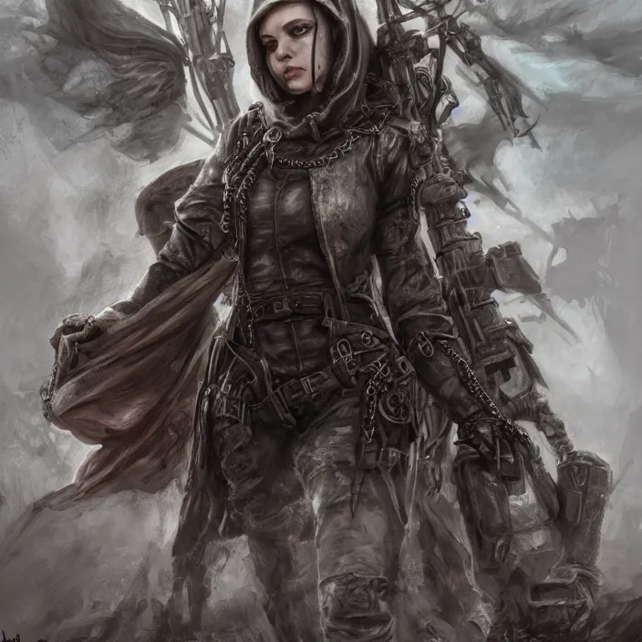 Image similar to beautiful apocalyptic woman in hooded cloak, standing on mad max panzer tank, hyper-detailed, smooth, sharp focus, 4k ultra hd, fantasy dark art, tank girl, artgerm, artstation, octane render, elegant, detailed digital painting, apocalyptic art