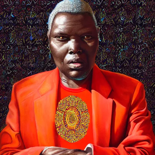 Image similar to a painting of a XXL wise elder from Kenya in a suit by Kehinde Wiley . dramatic angle, ethereal lights, details, smooth, sharp focus, illustration, realistic, cinematic, artstation, award winning, rgb , unreal engine, octane render, cinematic light, macro, depth of field, blur, red light and clouds from the back, highly detailed epic cinematic concept art CG render made in Maya, Blender and Photoshop, octane render, excellent composition, dynamic dramatic cinematic lighting, aesthetic, very inspirational, arthouse.