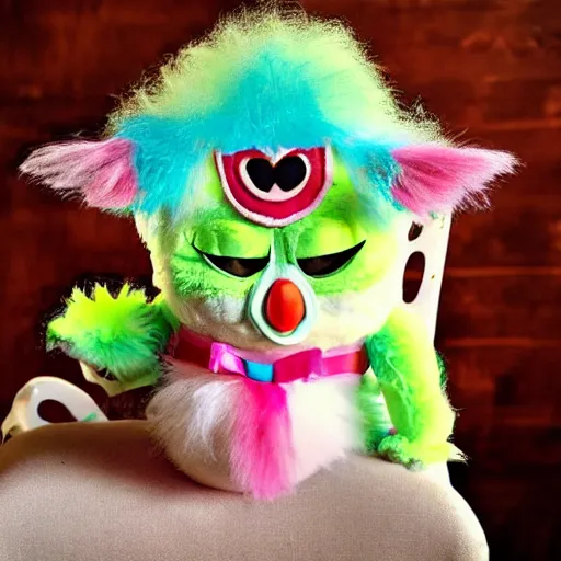 Image similar to an adorable fluffy furby muppet plush character with big gremlin ears and funfetti cake coloring wearing a little clown outfit and sitting on a wooden chair