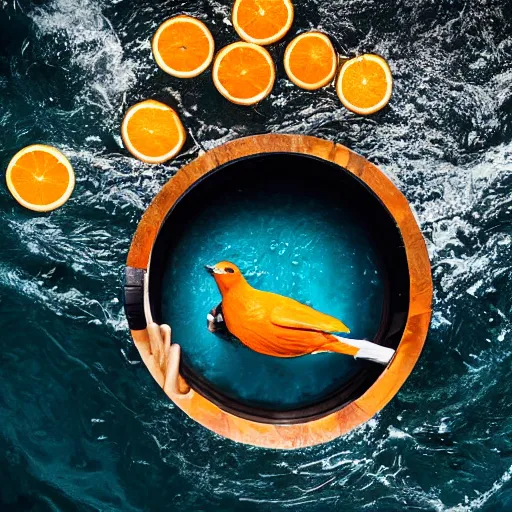 Image similar to a bird eye shot of the most beautiful young athletic slim male ever created sleeping in a chamber full of water, with oranges floating in the water, photographed by andrew thomas huang