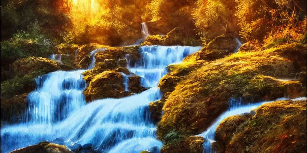 Image similar to golden hour waterfall nature landscape, watercolor, ultra realistic, highly detailed, hd, sharp focus, cinematic lighting, warm colors, realistic, photorealistic, vivid colors, painting, digital art, non blurry, sharp, artstation, smooth, illustration