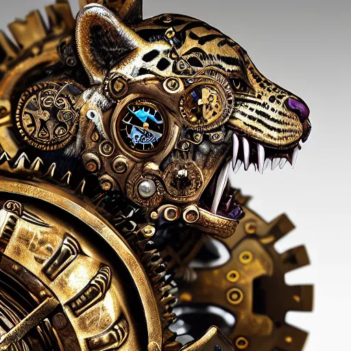 Image similar to A steampunk roaring tiger head made from ornate engraved full plate armor and watch gears and jewels and gems, macro shot by Justin Gerard, unreal engine, detailed, intricate, physically based rendering