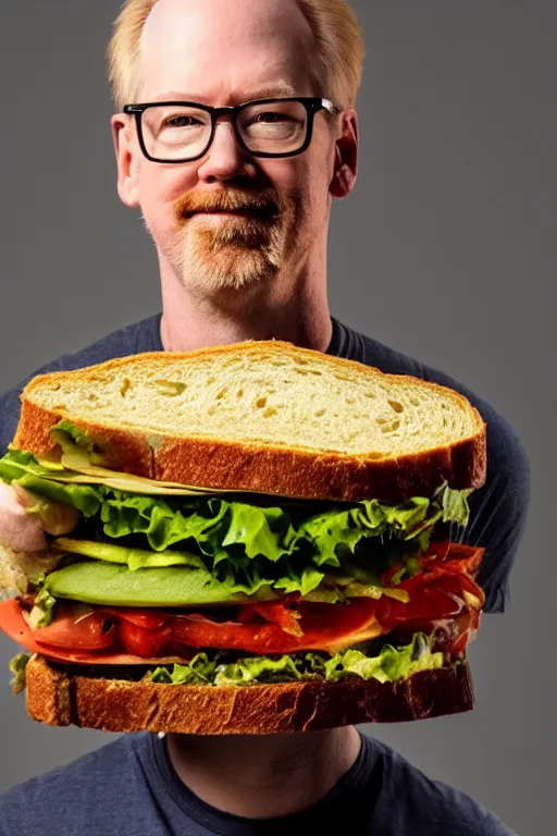 Prompt: 📷 portrait of adam savage the sandwich, made of food, still image, dynamic lighting, 4 k