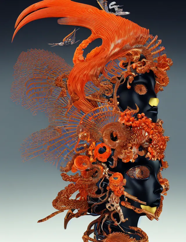 Image similar to 3 d goddess close - up profile portrait biomechanics with ram skull. beautiful intricately detailed japanese crow kitsune mask and clasical japanese kimono. betta fish, jellyfish phoenix, bio luminescent, plasma, ice, water, wind, creature, artwork by tooth wu and wlop and beeple and greg rutkowski. gold black teal and orange color scheme